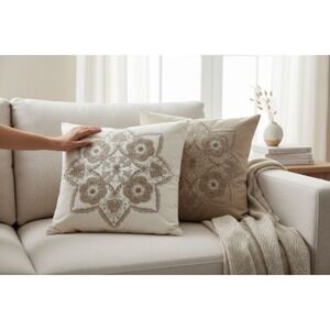 Pottery Barn Embroidered Medallion Throw Pillow Cover Set Neutral Beige
